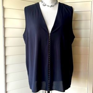 Tahari chiffon sleeveless blouse Navy Large excellent used condition